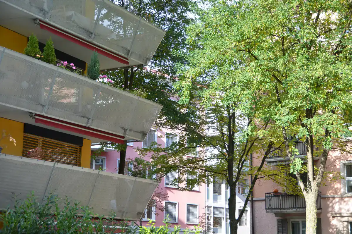 Studio für Yoga und Pilates. Farbkonzept für die neue Wandgestaltung mit verschiedenen Farb- und Materialmustern der bestehenden Elemente (Boden, Wandfarben und Holzelemente) sowie den Werbepostkarten des Studios, deren Farbigkeit in Gelborange, Rotbraun, Weiss, Grau und Anthrazit in die neue Farbgestaltung aufgenommen werden soll. Die Postkarten zeigen verschiedene Yoga- und Pilatesübungspositionen von männlichen und weiblichen Personen. Drei quadratische Farbmuster in Echtmaterial zeigen den entwickelten Farbklang Wollweiss, Goldocker und Mauveanthrazit.