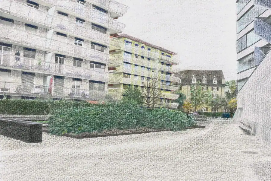 Treppenhaus im Mittelgeschoss des Einfamilienhauses aus den 50er-Jahren. Links Akzentwand in Rot, die vom Eingang bis ins Obergeschoss leitet, übrige Wände in abgetöntem Weiss. Treppentritte in hellbeigen Steinplatten, schwarze Metallbrüstung. An der rechten Wand ein längliches Holzregal auf mittlerer Höhe. Weiter oben ein schmaler, waagrechter Wanddurchbruch mit Sicht ins Wohnzimmer. Rechts schmaler Blick in den Livingbereich. Verschiedene Skulpturen und Dekorelemente.